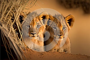 Lion (Panthera leo) cubs. Kalahari, South Africa, AI generated