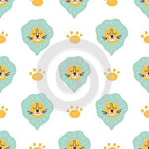 Lion pattern. Cute lion head seamless pattern. Paw, wild cat face simple background, safari animal fabric