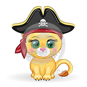 Lion pirate, cartoon character of the game, wild animal cat in a bandana and a cocked hat with a skull, with an eye