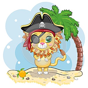 Lion pirate, cartoon character of the game, wild animal cat in a bandana and a cocked hat with a skull, with an eye