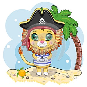 Lion pirate, cartoon character of the game, wild animal cat in a bandana and a cocked hat with a skull, with an eye