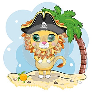 Lion pirate, cartoon character of the game, wild animal cat in a bandana and a cocked hat with a skull, with an eye