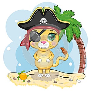 Lion pirate, cartoon character of the game, wild animal cat in a bandana and a cocked hat with a skull, with an eye