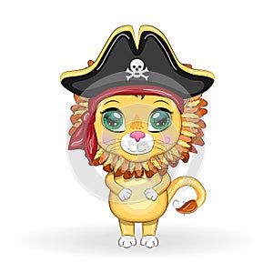 Lion pirate, cartoon character of the game, wild animal cat in a bandana and a cocked hat with a skull, with an eye