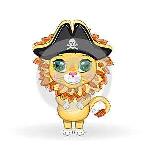 Lion pirate, cartoon character of the game, wild animal cat in a bandana and a cocked hat with a skull, with an eye