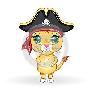 Lion pirate, cartoon character of the game, wild animal cat in a bandana and a cocked hat with a skull, with an eye