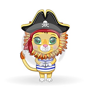 Lion pirate, cartoon character of the game, wild animal cat in a bandana and a cocked hat with a skull, with an eye