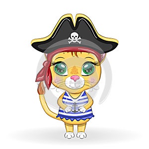 Lion pirate, cartoon character of the game, wild animal cat in a bandana and a cocked hat with a skull, with an eye