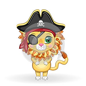 Lion pirate, cartoon character of the game, wild animal cat in a bandana and a cocked hat with a skull, with an eye