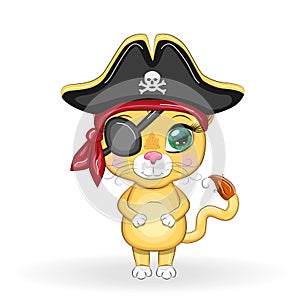 Lion pirate, cartoon character of the game, wild animal cat in a bandana and a cocked hat with a skull, with an eye