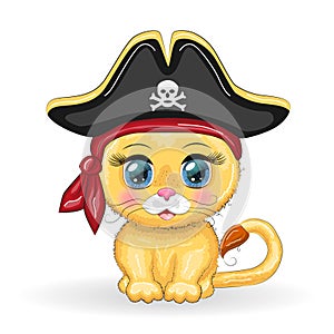 Lion pirate, cartoon character of the game, wild animal cat in a bandana and a cocked hat with a skull, with an eye