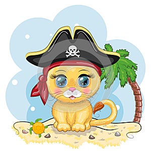 Lion pirate, cartoon character of the game, wild animal cat in a bandana and a cocked hat with a skull, with an eye