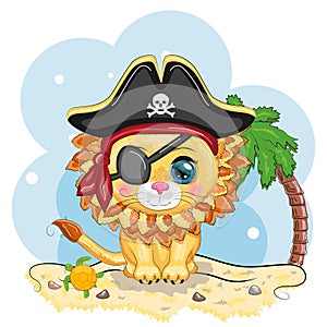 Lion pirate, cartoon character of the game, wild animal cat in a bandana and a cocked hat with a skull, with an eye