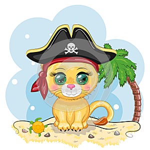 Lion pirate, cartoon character of the game, wild animal cat in a bandana and a cocked hat with a skull, with an eye