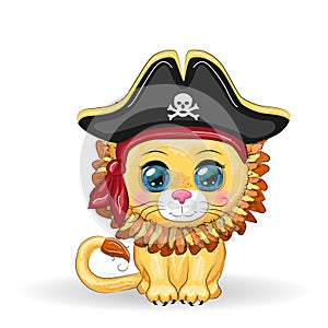 Lion pirate, cartoon character of the game, wild animal cat in a bandana and a cocked hat with a skull, with an eye