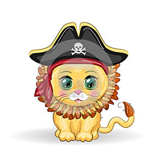 Lion pirate, cartoon character of the game, wild animal cat in a bandana and a cocked hat with a skull, with an eye