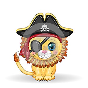 Lion pirate, cartoon character of the game, wild animal cat in a bandana and a cocked hat with a skull, with an eye