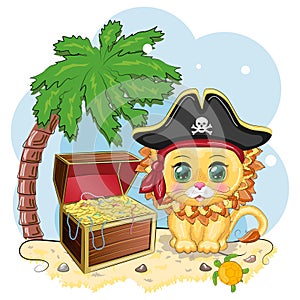 Lion pirate, cartoon character of the game, wild animal cat in a bandana and a cocked hat with a skull, with an eye