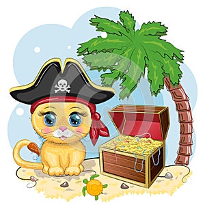 Lion pirate, cartoon character of the game, wild animal cat in a bandana and a cocked hat with a skull, with an eye