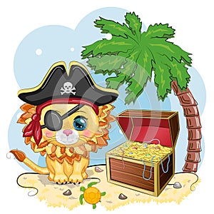 Lion pirate, cartoon character of the game, wild animal cat in a bandana and a cocked hat with a skull, with an eye