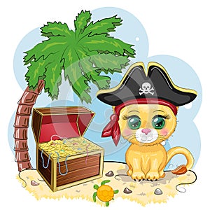 Lion pirate, cartoon character of the game, wild animal cat in a bandana and a cocked hat with a skull, with an eye