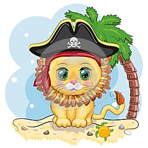 Lion pirate, cartoon character of the game, wild animal cat in a bandana and a cocked hat with a skull, with an eye