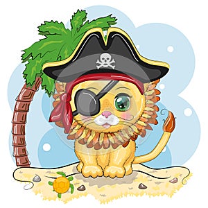 Lion pirate, cartoon character of the game, wild animal cat in a bandana and a cocked hat with a skull, with an eye