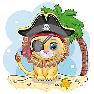 Lion pirate, cartoon character of the game, wild animal cat in a bandana and a cocked hat with a skull, with an eye