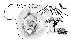 Lion portrait on Africa map background with Kilimanjaro mountain, vulture and car