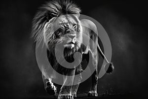 Lion portrait in black and white, wild African animal walks at night, generative AI