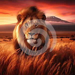 Lion portrait in front of the famous Mount Kilimanjaro, Africa