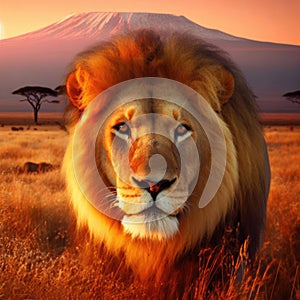 Lion portrait in front of the famous Mount Kilimanjaro, Africa