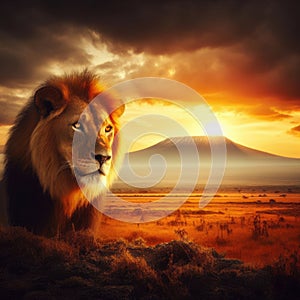 Lion portrait in front of the famous Mount Kilimanjaro, Africa