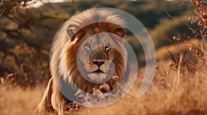 Lion portrait on savanna safari landscape image photography lighting, Generated AI