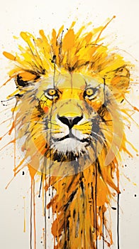 Lion poster painted with bright splashes of red paint.