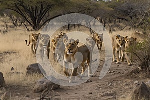 Lion pride led by an adult female lioness with lots of lion cubs walking
