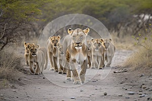 Lion pride led by an adult female lioness with lots of lion cubs walking