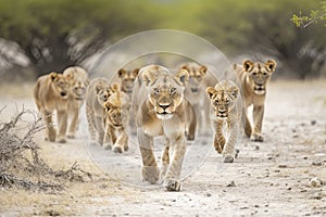 Lion pride led by an adult female lioness with lots of lion cubs walking