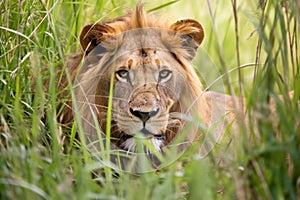 a lion prowling in tall grass