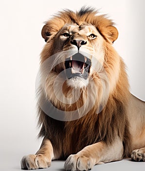 Lion pulling a face, looking at the camera and showing its teeth, isolated on white