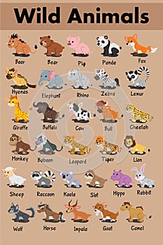 Lion rabbit cow boar fox koala bull elephant lemur raccoon buffalo tiger hippo zebra leopard panda bear pig  Cute Cartoon Vector