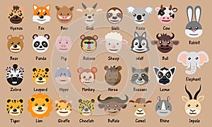 Lion rabbit cow boar fox koala bull elephant lemur raccoon buffalo tiger hippo zebra leopard panda bear pig  Cute Head Cartoon Vec