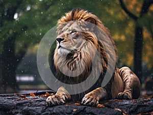 A Lion in the rain