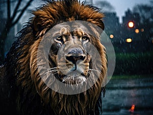 A Lion in the rain