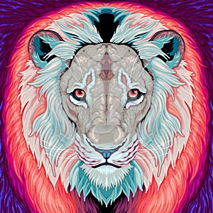 Lion with red mane and blue background