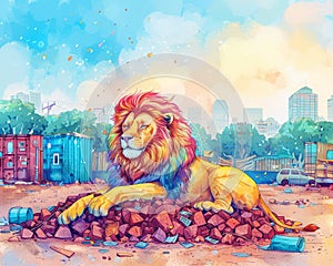 A lion rests on a mound of copper scraps, surrounded by polluted air in an urban setting