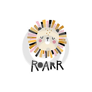 Lion. Roar. Cute face of an animal with lettering. Childish print for nursery in a Scandinavian style. Ideal for baby posters,