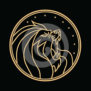 Lion Roaring Circle Gold Logo Black Background Vector Illustration