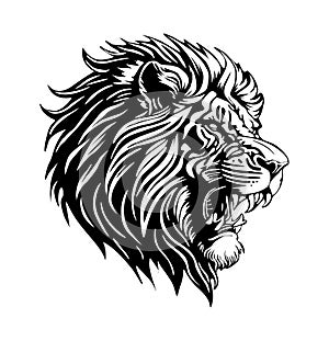 Lion roaring head black and white vector drawing.