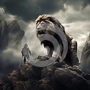 lion on the rock and man in front being fearless in the face of adversity